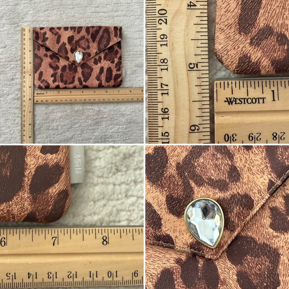 Ipsy Leopard Print Cosmetic Bag Snap Closure Synthetic Makeup Pouch Faux Jewel - Picture 7 of 7